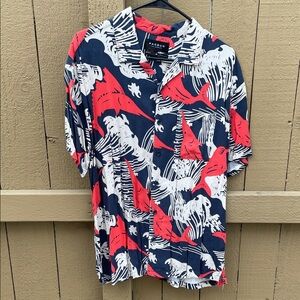 PacSun Navy White Red Shark Pattern Camp Shirt